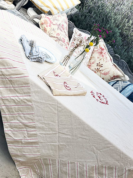French Farmouse Linen + Ticking Tablecloth 71sq 1