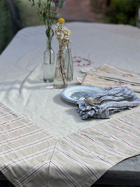 French Farmouse Linen + Ticking Tablecloth 71sq 2