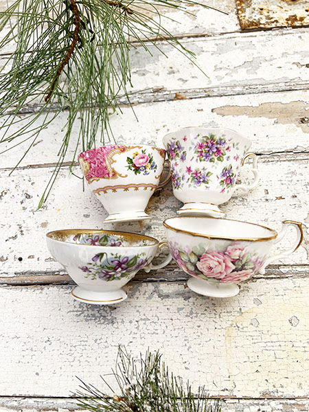 Vintage Teacups and Eiffel Tower Teabags SET FOUR 1