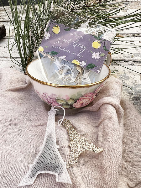 Vintage Teacups and Eiffel Tower Teabags SET FOUR